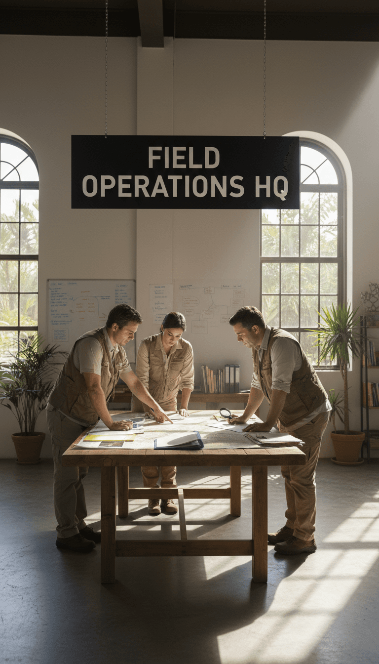 A professional NGO field team reviewing documents and maps at a wooden table in a bright, airy office with natural light