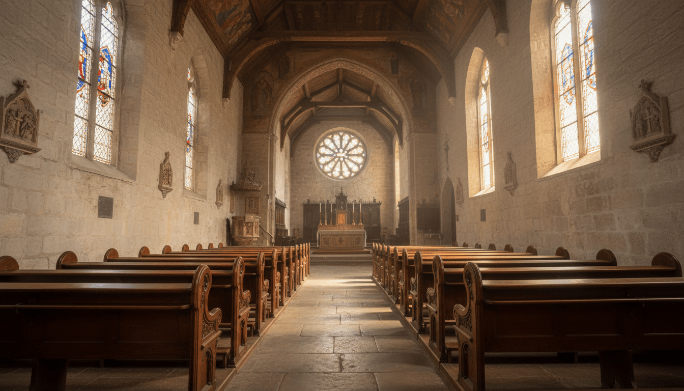 Quiet sunlight falls across empty wooden pews in a modest church sanctuary