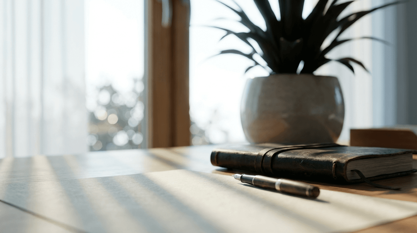 A modest desk with an open ledger and fountain pen in warm natural light