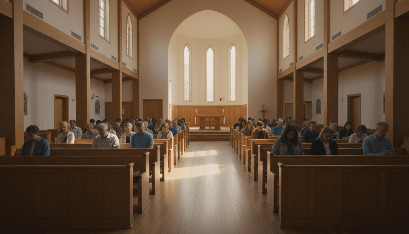 Interior of a simple wooden church lit by a single shaft of natural light
