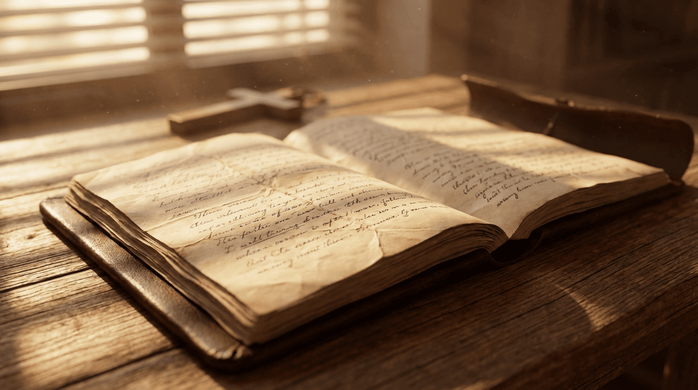 Sunlit interior of a modest rural church with wooden pews and an open Bible